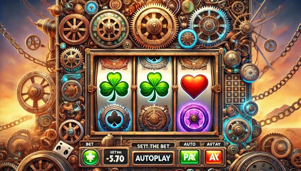 The game interface includes buttons for betting and autoplay, set against a backdrop of intricate machinery.