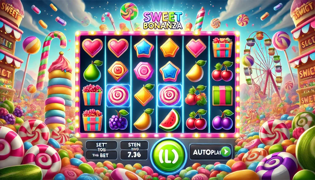 The game interface includes betting and autoplay options, with vibrant and colorful graphics. The title "Sweet Bonanza" is displayed at the top.