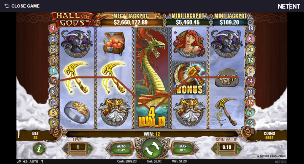 Hall of Gods features include expanding wilds, free spins, and a bonus game.