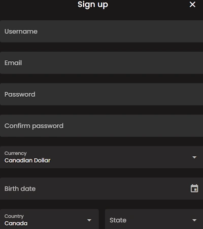 Art Casino registration form