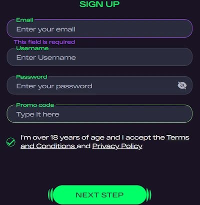 Glitch Spin Casino registration form