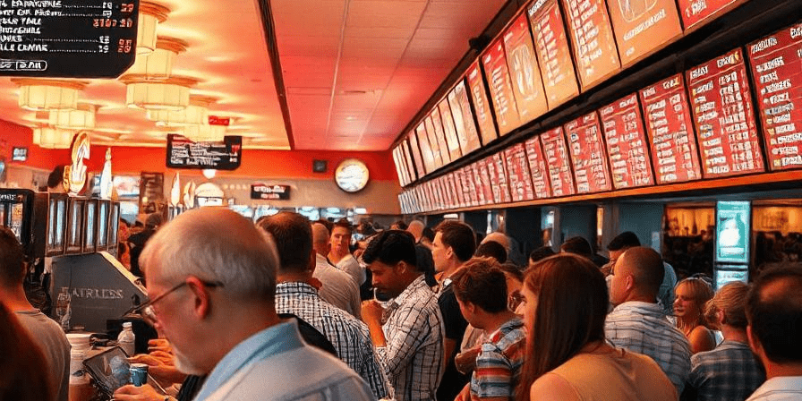 A crowded sportsbook with people placing bets and large digital odds screens overhead.