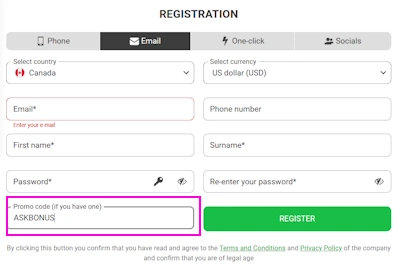 888Starz Casino registration form and promo code during sign up