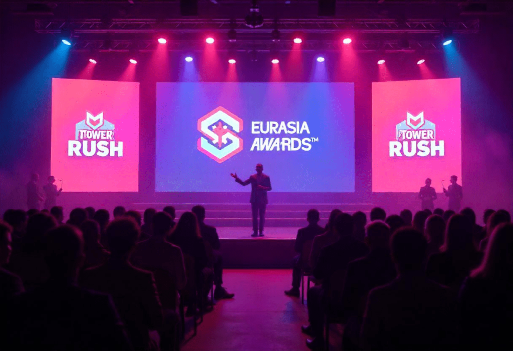 AIBC Eurasia Awards stage with Tower Rush showcased as Best New Game 2025.