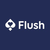 Flush Casino logo featuring a white spade symbol with a heart in the center, set against a dark blue background.