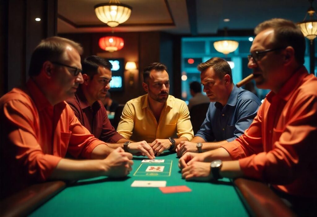 A wealthy man in an elegant suit sits at a casino table, focused on the game, symbolizing high-stakes gambling success