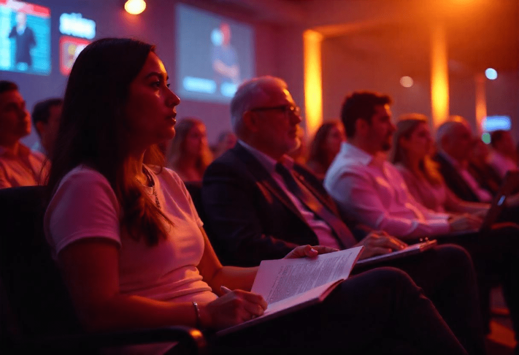 Attendees at a gaming conference listening to a speaker, taking notes under dimmed lighting.