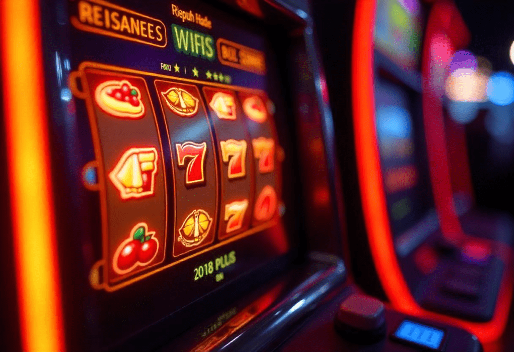 Close-up of a slot machine with glowing symbols and buttons in a casino.