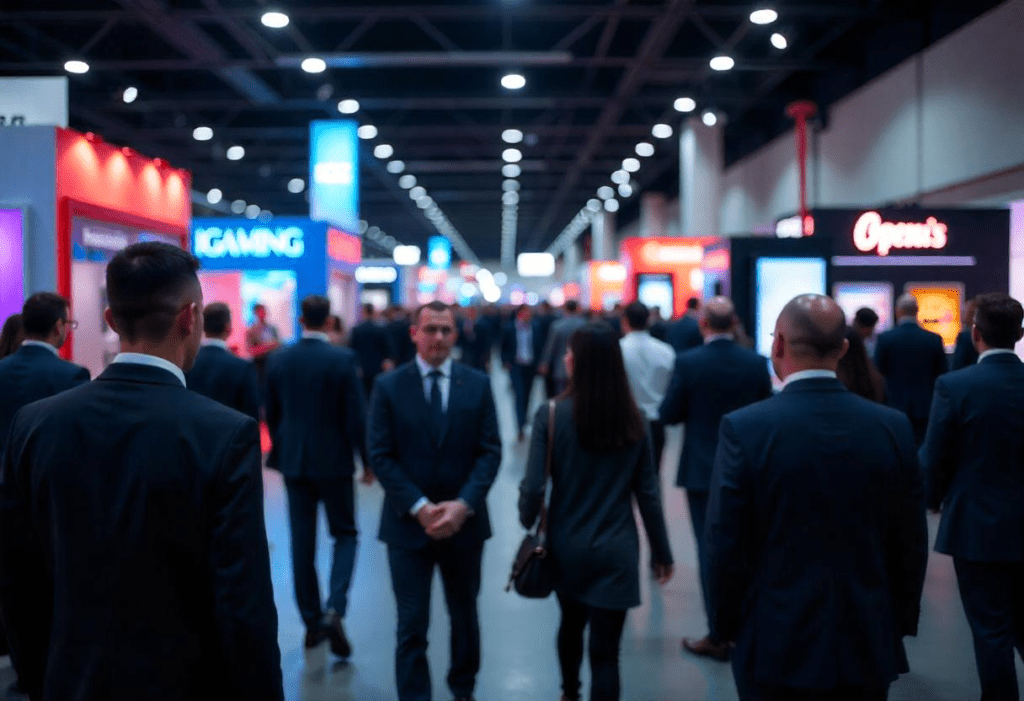 A crowded exhibition hall at a major iGaming event with professionals networking and exploring booths.