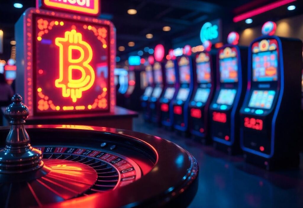 A neon-lit casino with a glowing Bitcoin sign, slot machines, and a roulette table in the foreground.