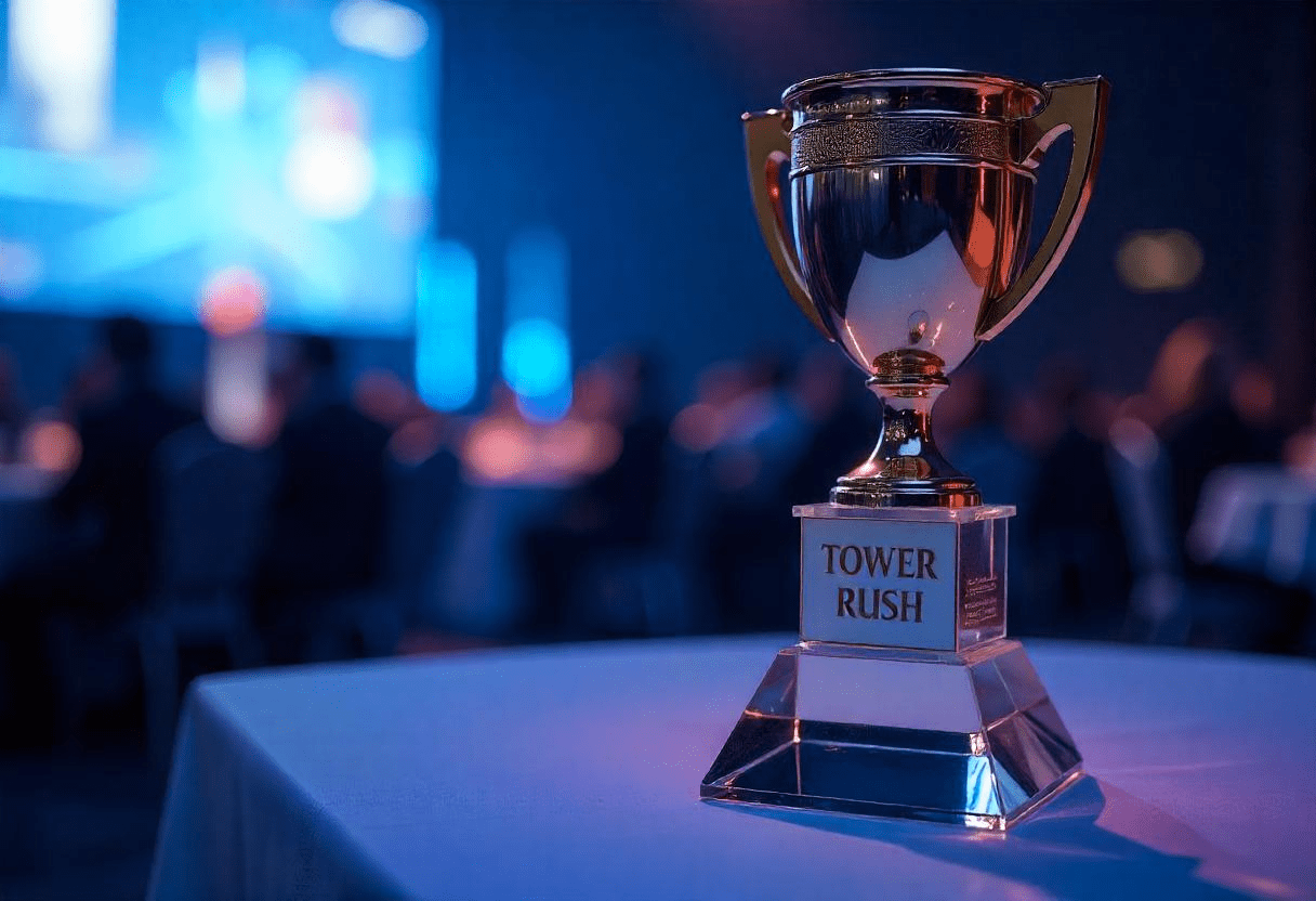 Best New Game 2025 trophy awarded to Tower Rush by Galaxsys.