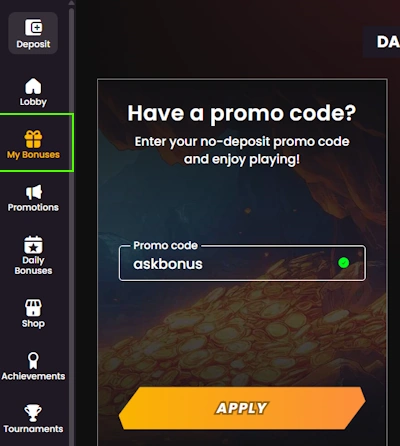 Bonuses section and Wild Tokyo Casino promo code