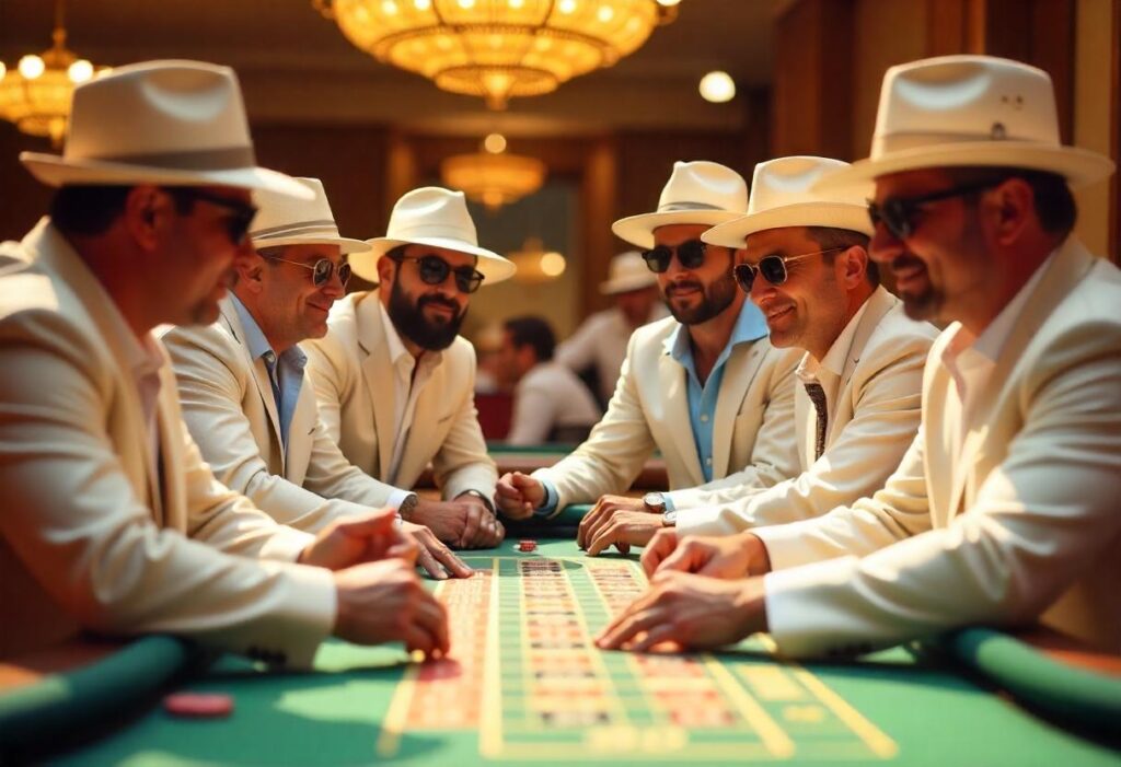A group of seven wealthy men engaged in a high-stakes casino game, exuding luxury and exclusivity.