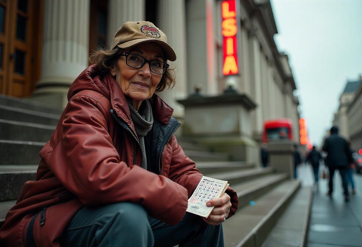 A homeless woman sitting on the steps of a building, holding a lottery ticket, wearing a worn-out jacket and cap.