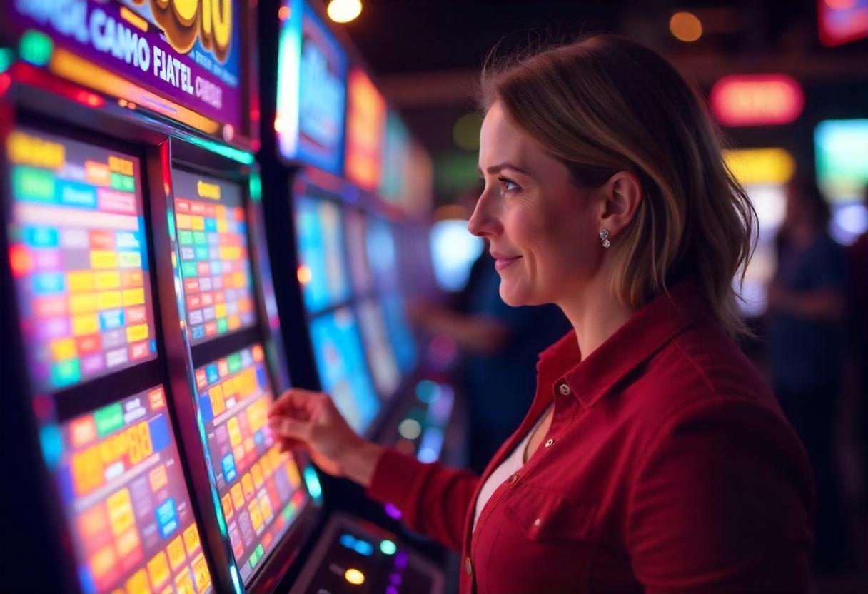 A woman in a red shirt focused on a slot machine in a brightly lit casino.