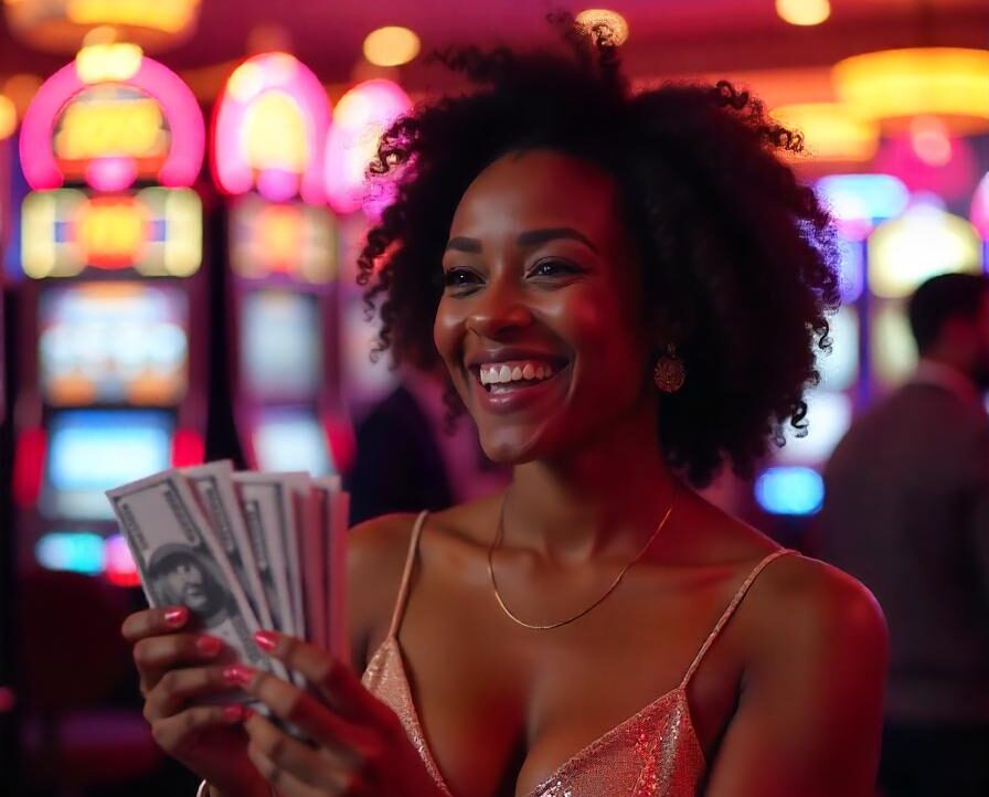 A confident woman holding cash in a casino, celebrating a win.