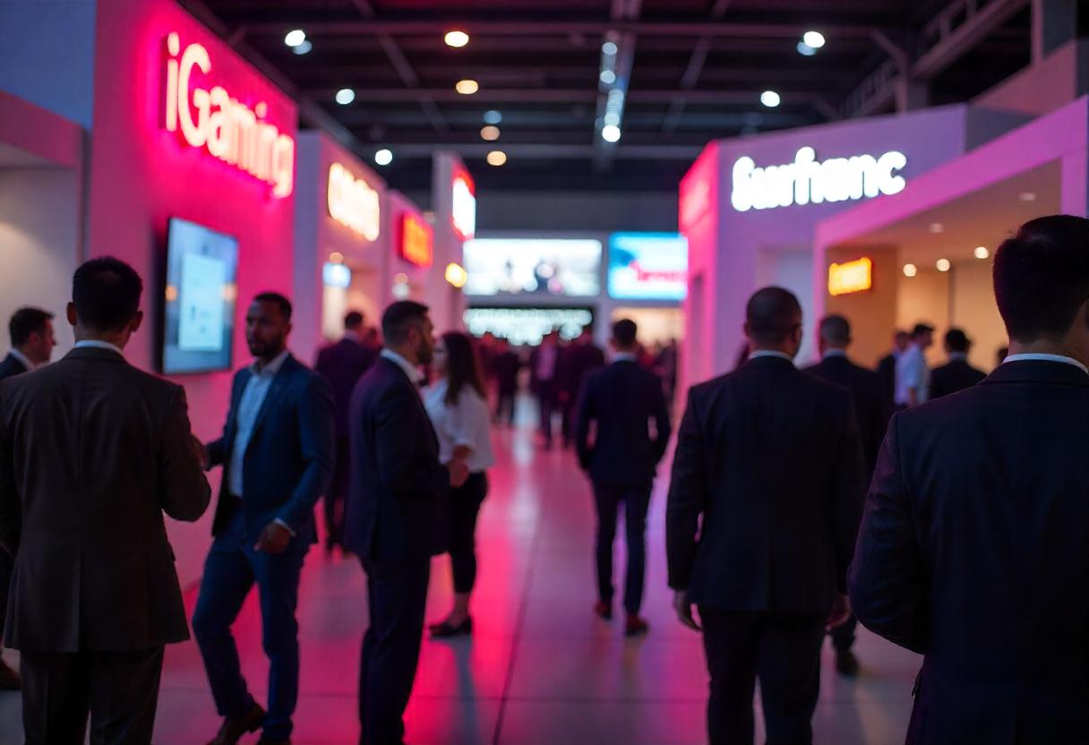 A bustling iGaming conference with industry professionals networking under neon-lit signs.