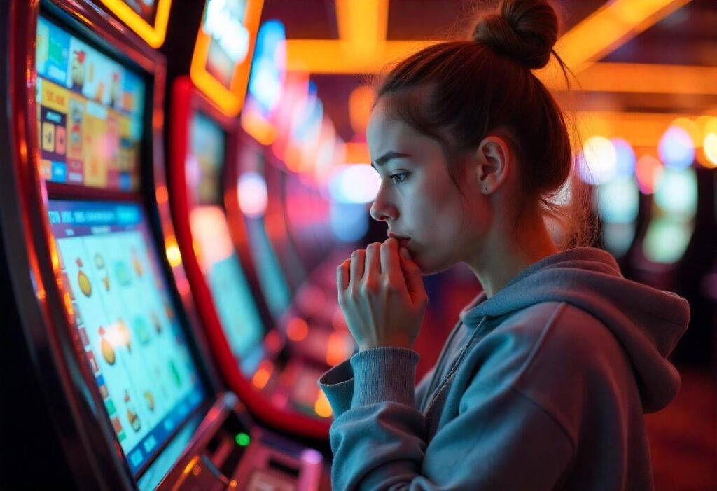 A young woman in a hoodie looks anxious while playing a slot machine in a casino.