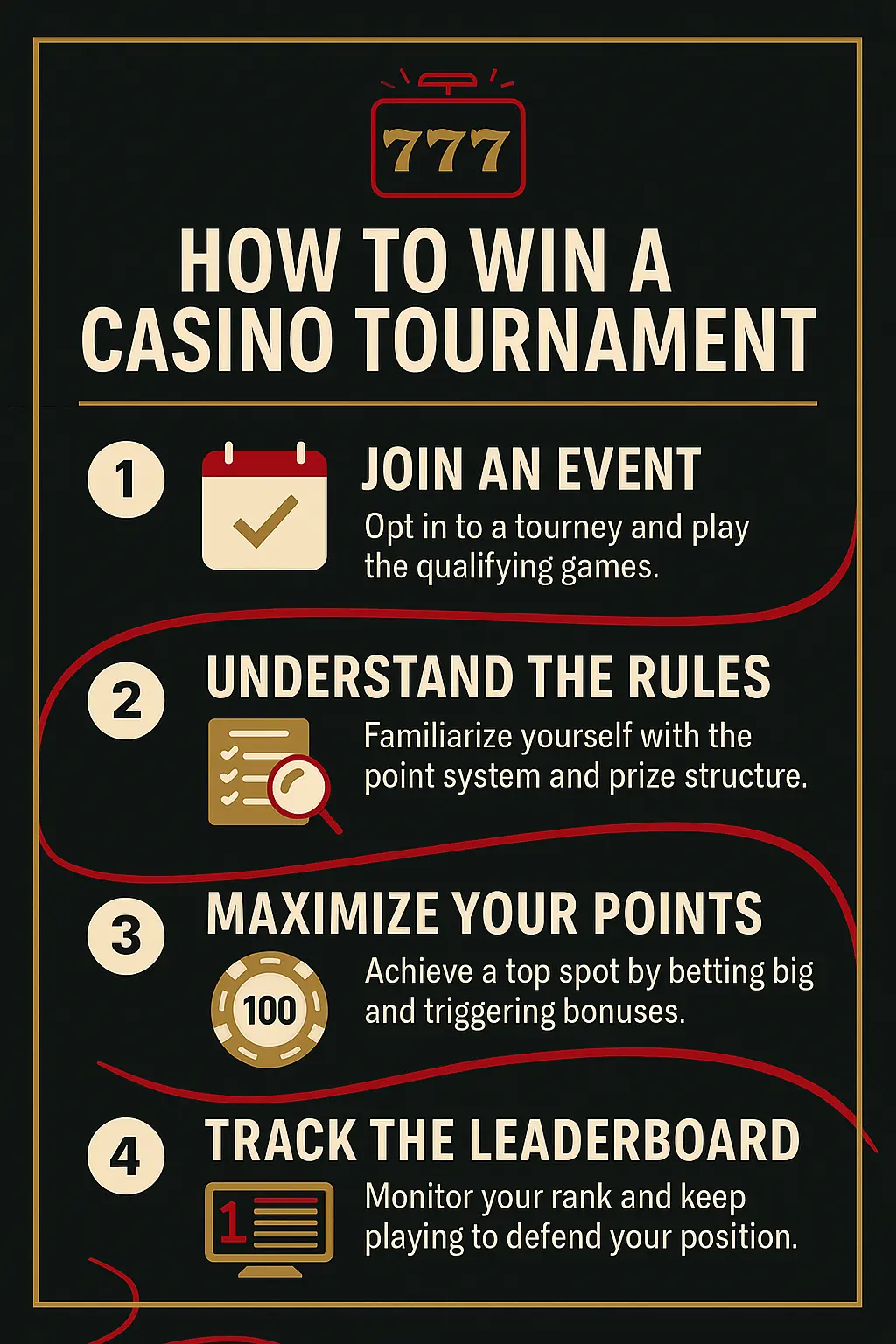 A step-by-step infographic showing how to enter and win an online casino tournament.