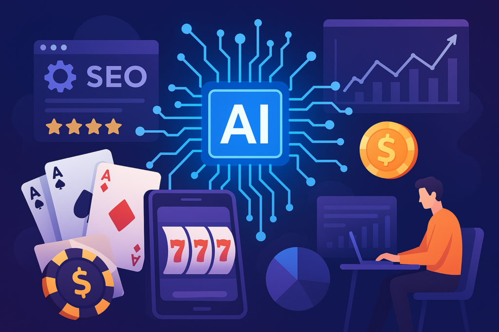 Illustration of AI integration in online casinos, featuring digital casino elements like playing cards, a slot machine, and graphs representing SEO and data analysis.