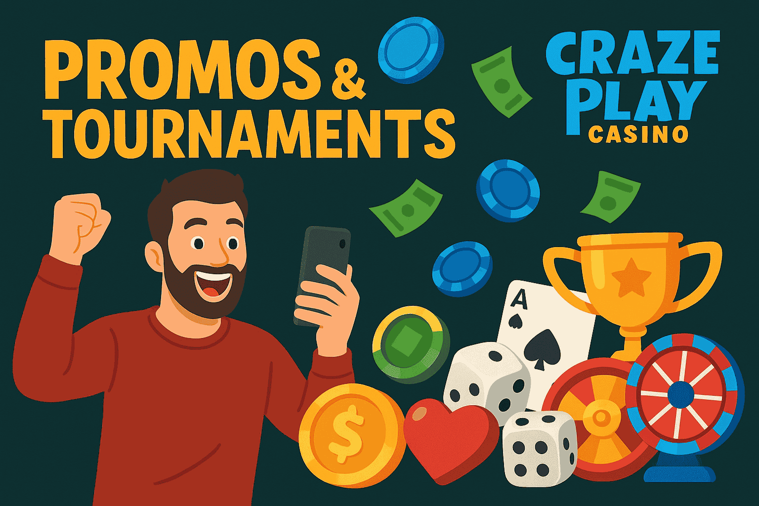 Excited player celebrating CrazePlay Casino promotions and tournaments on mobile.