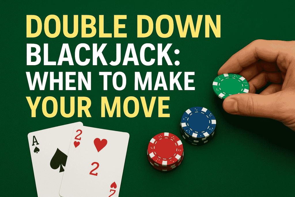Hand placing green poker chip next to blackjack cards and chips on table with bold title "Double Down Blackjack: When to Make Your Move."