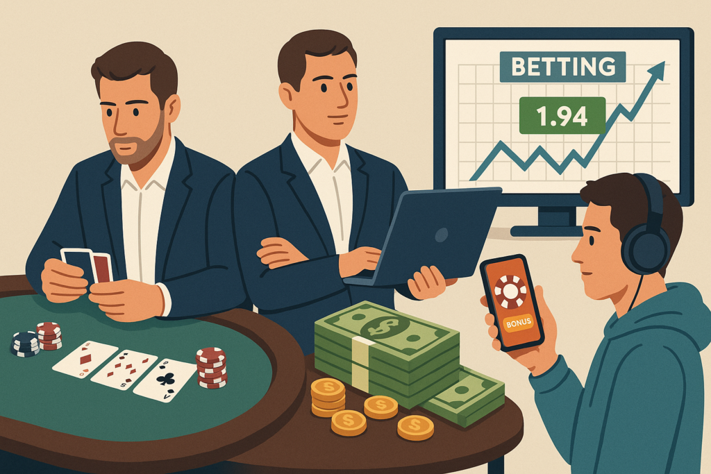 Professional gambling strategies 2025 - players at poker table and betting screen