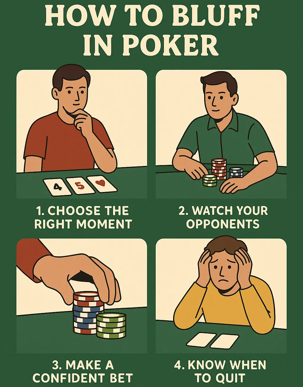 nfographic showing 4 illustrated steps on how to bluff in poker: choose the right moment, watch your opponents, make a confident bet, and know when to quit.