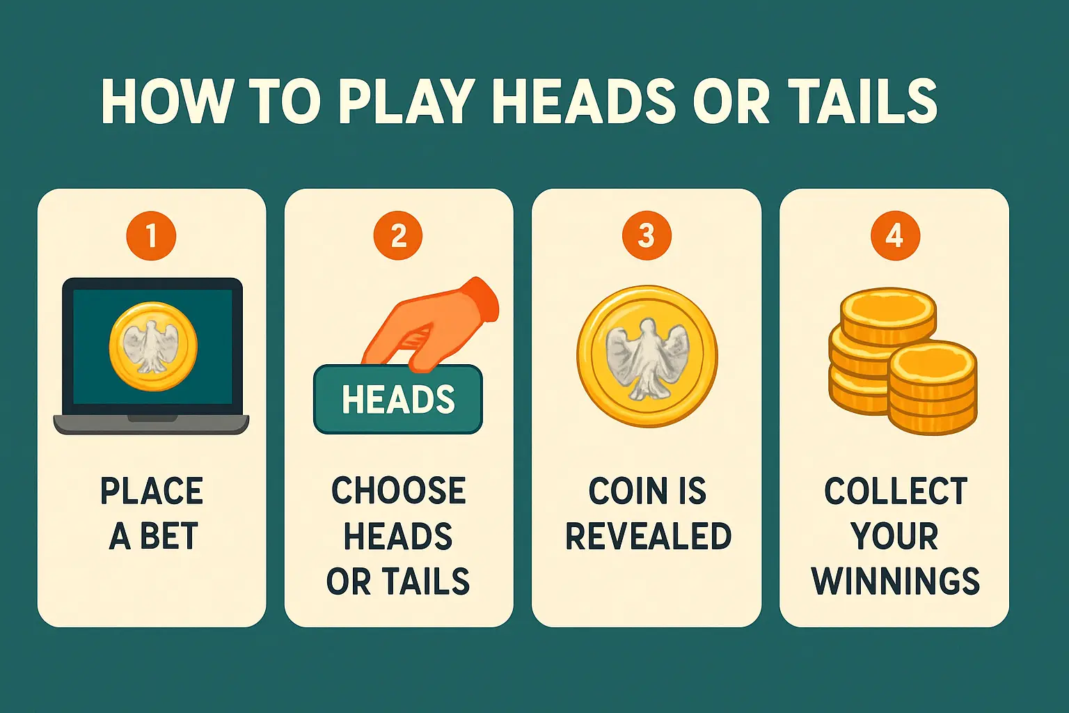 A digital infographic titled "How to Play Heads or Tails" on a teal background with four cream-colored panels. Step 1: Place a bet, shown with a laptop and gold coin icon. Step 2: Choose heads or tails, illustrated with a hand pressing a green "HEADS" button. Step 3: Coin is revealed, featuring a gold coin with an eagle. Step 4: Collect your winnings, shown with stacks of gold coins. Bold black text and orange number icons mark each step.