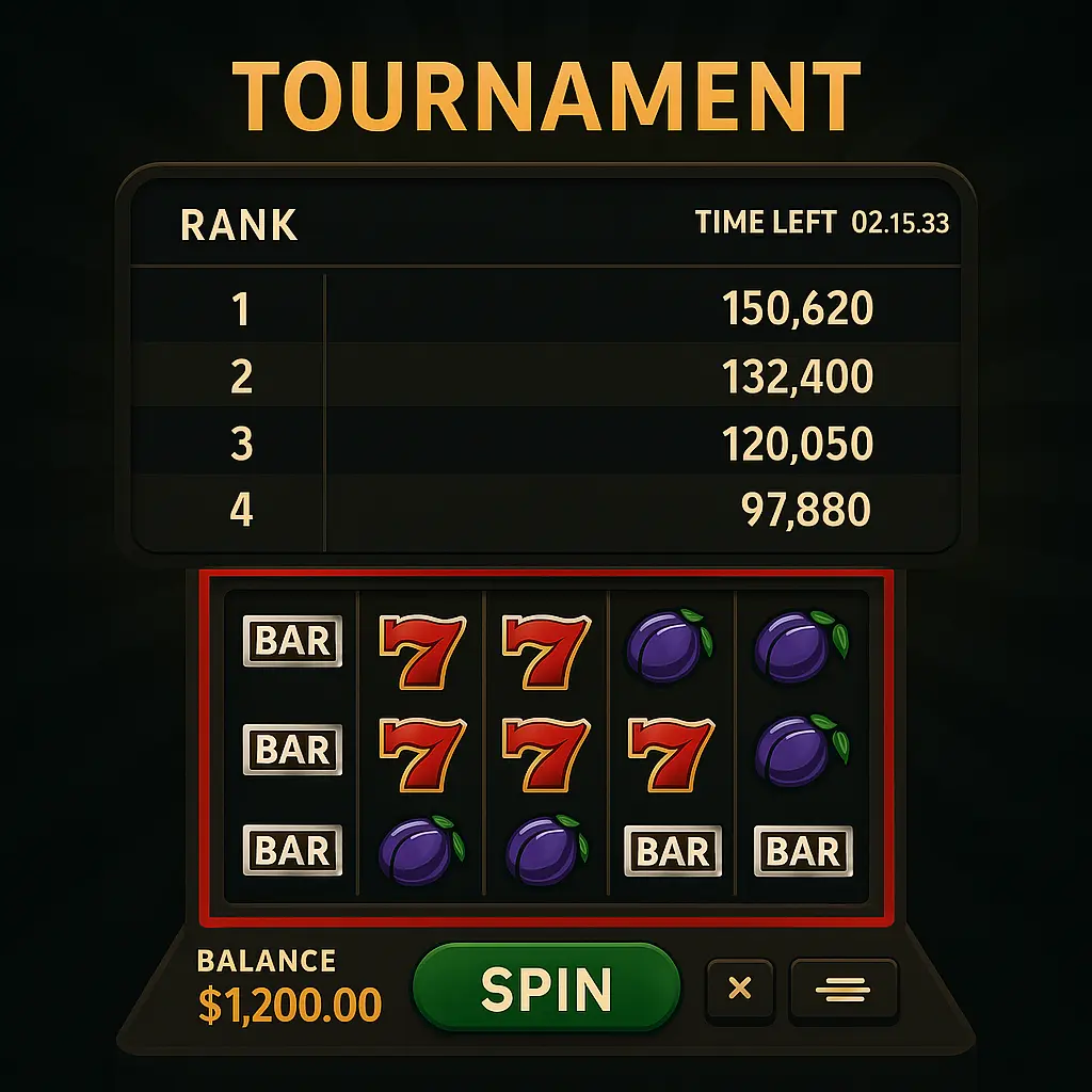 A digital tournament leaderboard displayed on a casino screen with spinning slot reels.