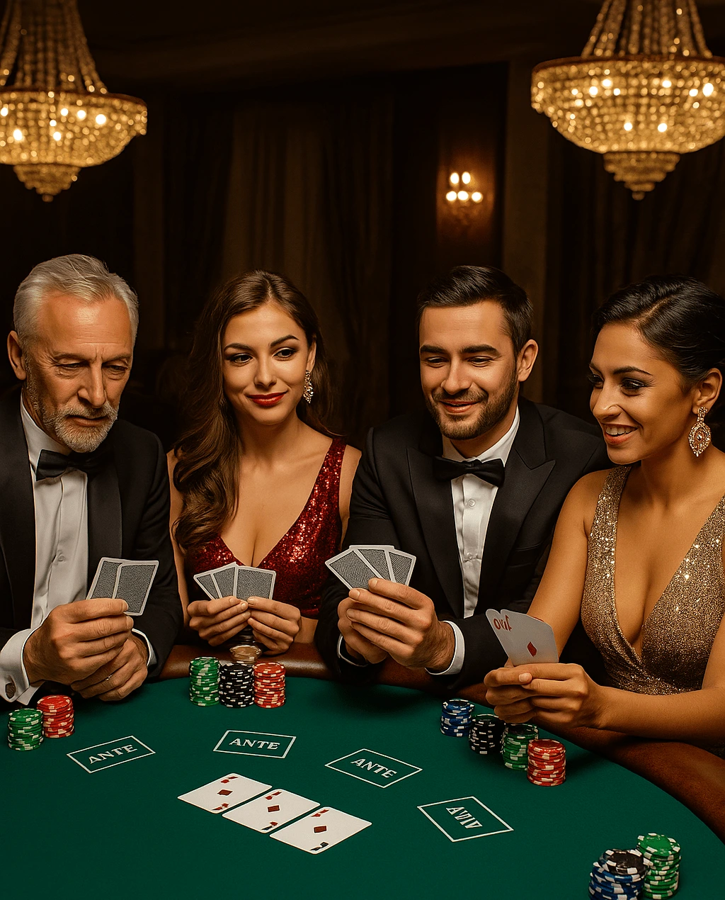 Four elegantly dressed individuals are playing Teen Patti at a luxurious casino table, surrounded by opulent décor and warm lighting.