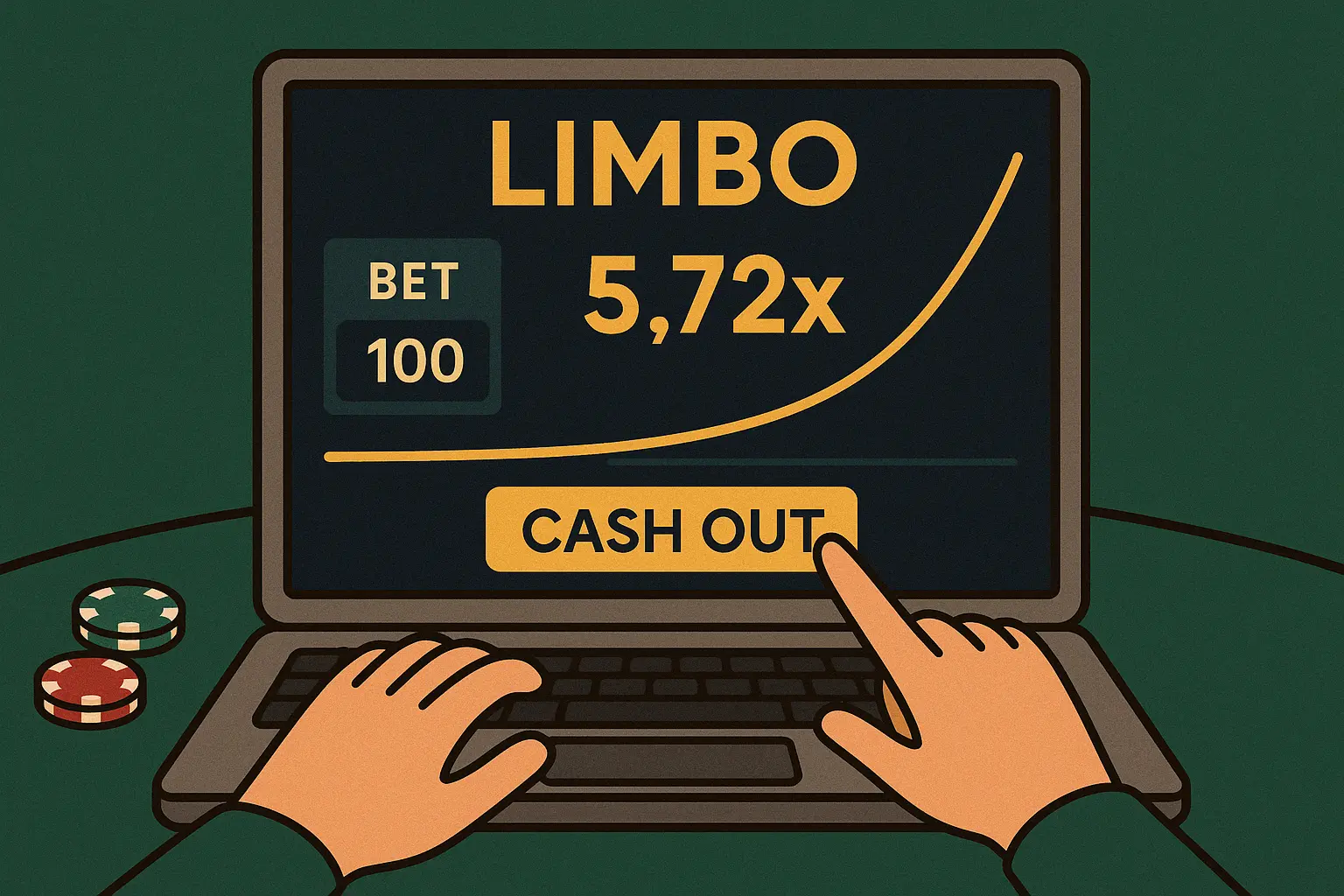 A 2D digital illustration of an online Limbo game on a silver-gray laptop. The screen shows a yellow exponential graph with a 5.72x multiplier, the word "LIMBO" at the top, and a yellow "CASH OUT" button below. A hand is about to press the button while another rests on the keyboard. A bet of 100 is displayed, with poker chips scattered on the green felt table background. win at limbo