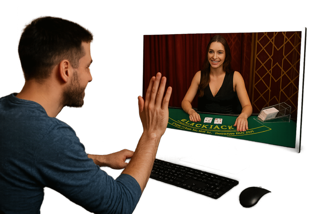 Man interacting with a live blackjack dealer via computer screen