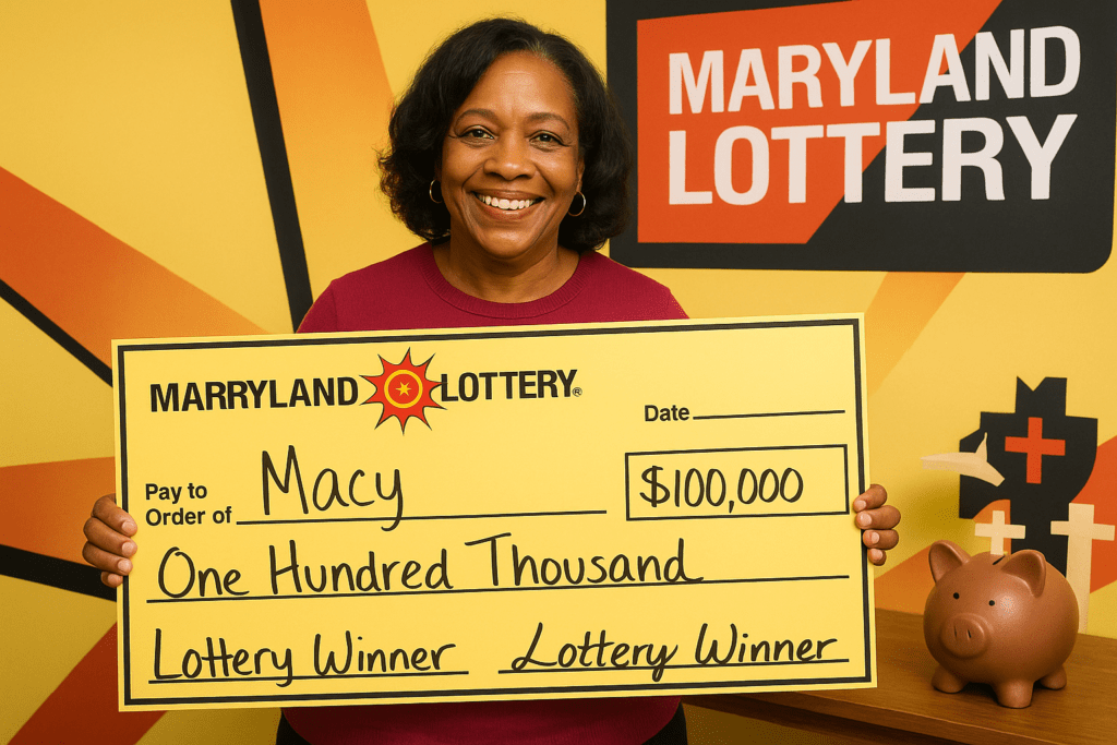 Woman holding a Maryland Lottery check for $100,000