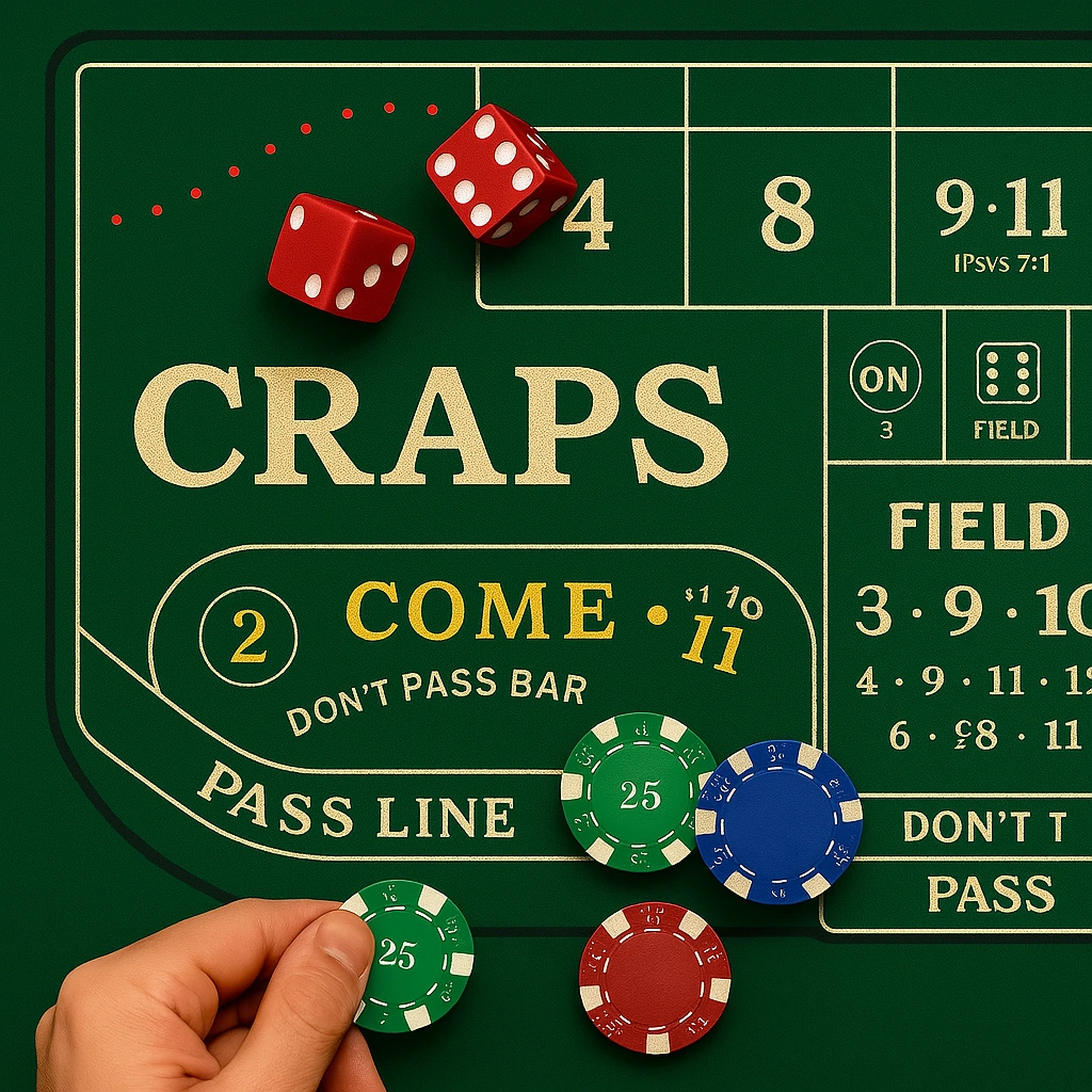 A digital screenshot of an online craps game showing a virtual table layout, dice, and betting options.