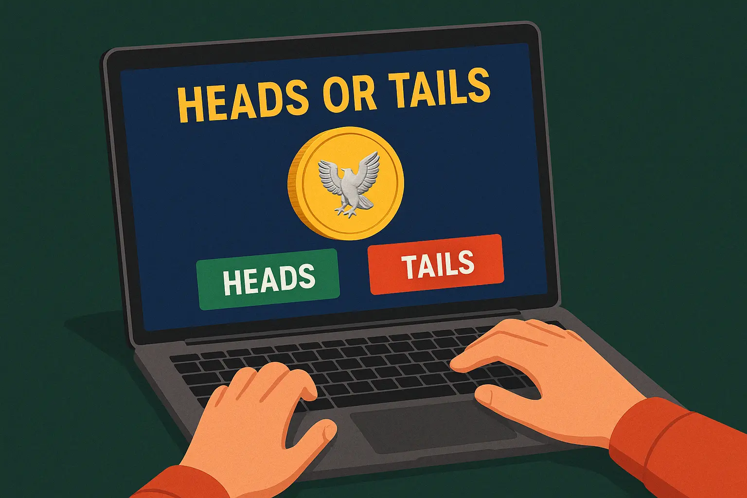 A digital illustration of an online Heads or Tails casino game on a dark gray laptop. The screen shows a golden coin with a silver eagle in the center, and two large buttons labeled "HEADS" in green and "TAILS" in red. The player's hands, in orange sleeves, hover over the buttons. The background features a dark green felt table and a deep teal wall.