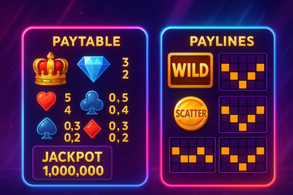 Example of a slots paytable and paylines 2025 with symbols like a crown and diamond, showing payouts and a jackpot of 1,000,000.