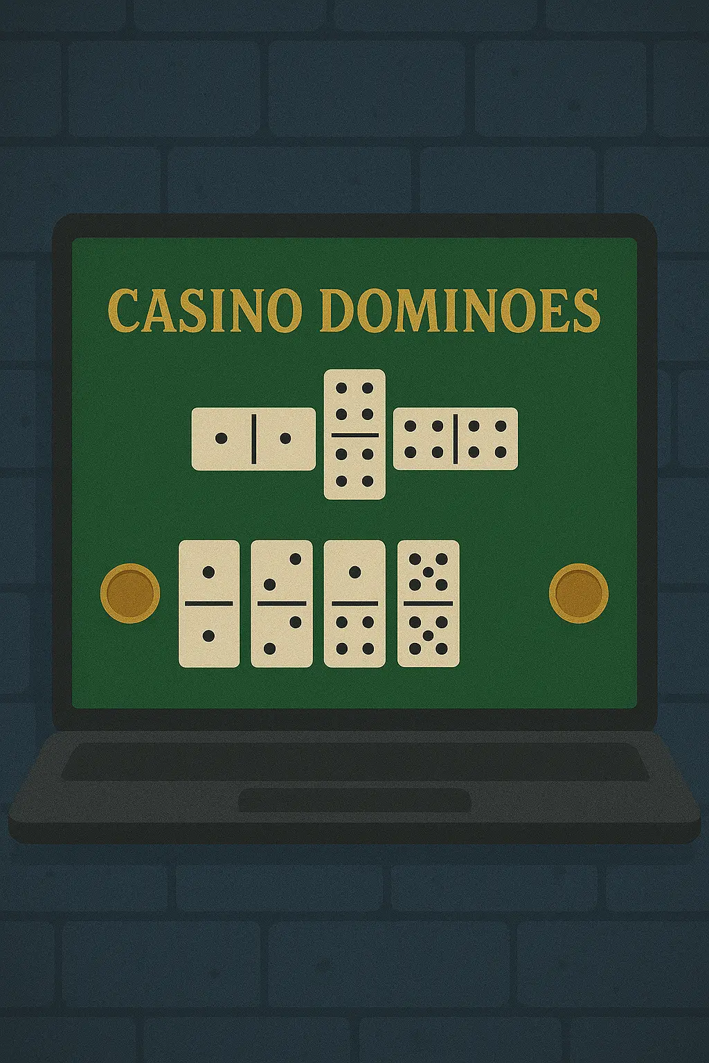 Digital illustration of an online Casino Dominoes game displayed on a dark gray laptop with a green playing field, domino tiles, poker chips, and “CASINO DOMINOES” text against a blue brick background.