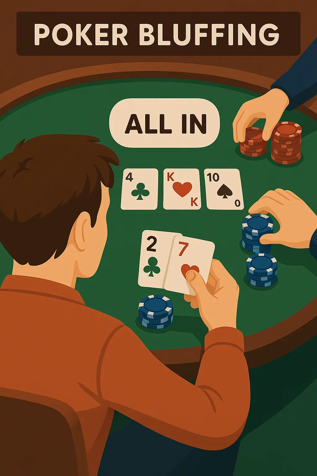 Animated-style image showing a poker player in a red shirt bluffing with a 2 and 7, pushing chips forward with one hand and calling "All In" next to him despite an unmatched flop.