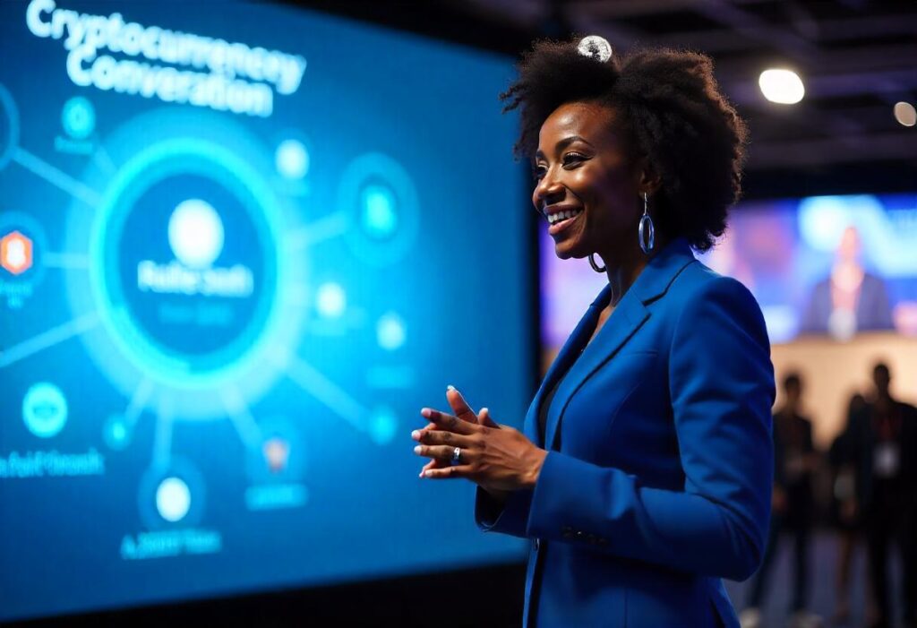 Speaker presenting on cryptocurrency and blockchain at SiGMA Americas 2025