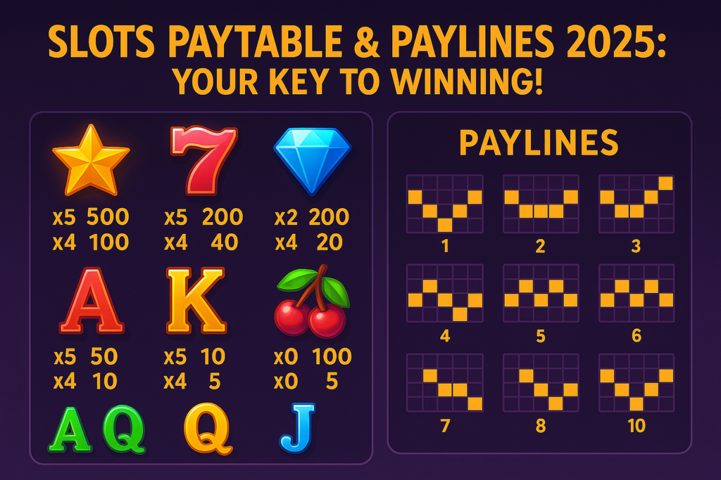 Slots paytable and paylines 2025 guide showing payouts for symbols like stars and cherries, with 10 payline patterns.