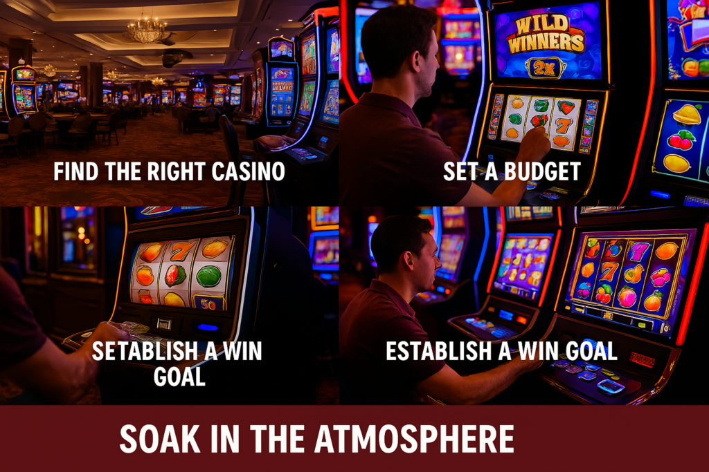 Collage of tips for how to play slots in Las Vegas 2025, showing a casino floor, a player setting a budget, and establishing a win goal.