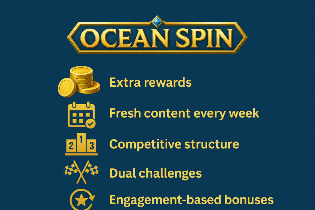 OceanSpin Casino features including extra rewards, fresh content, and competitive challenges