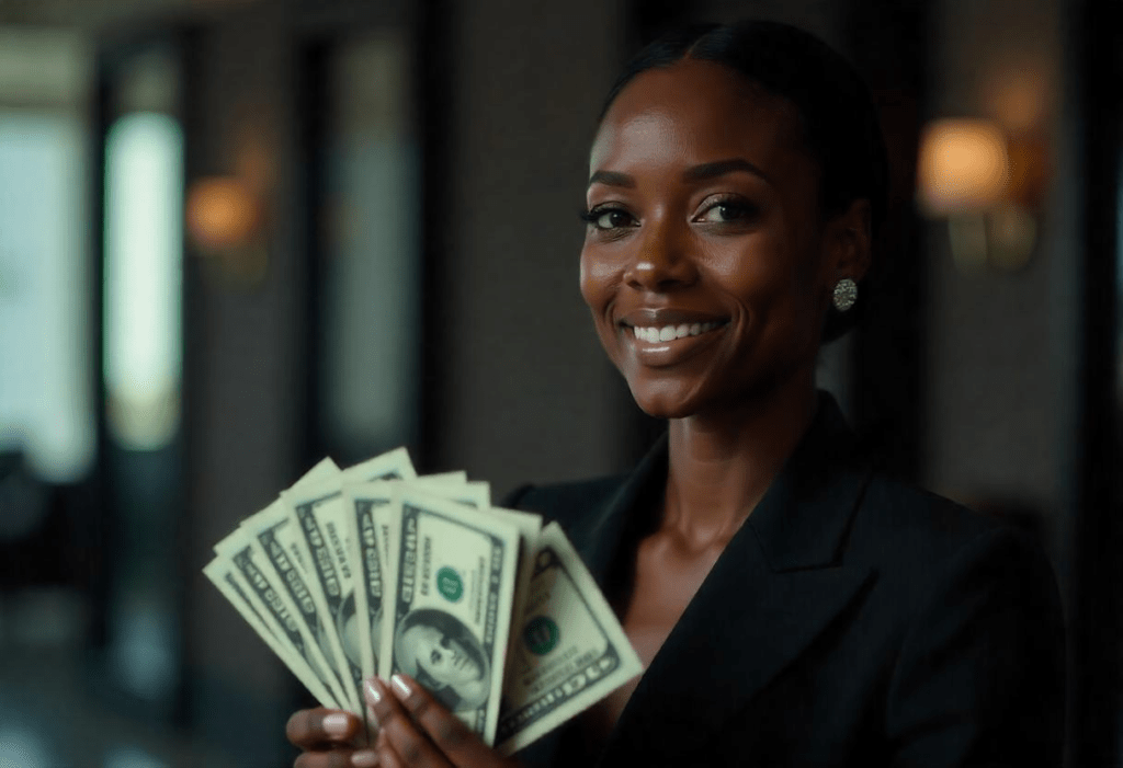 Smiling woman holding dollar bills after second-chance lottery win