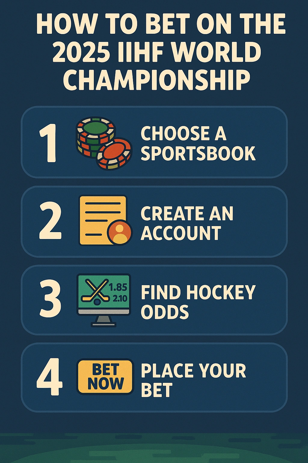 Infographic showing how to bet on the IIHF World Championship 2025 online, including choosing a sportsbook, creating an account, finding hockey odds, and placing a bet.