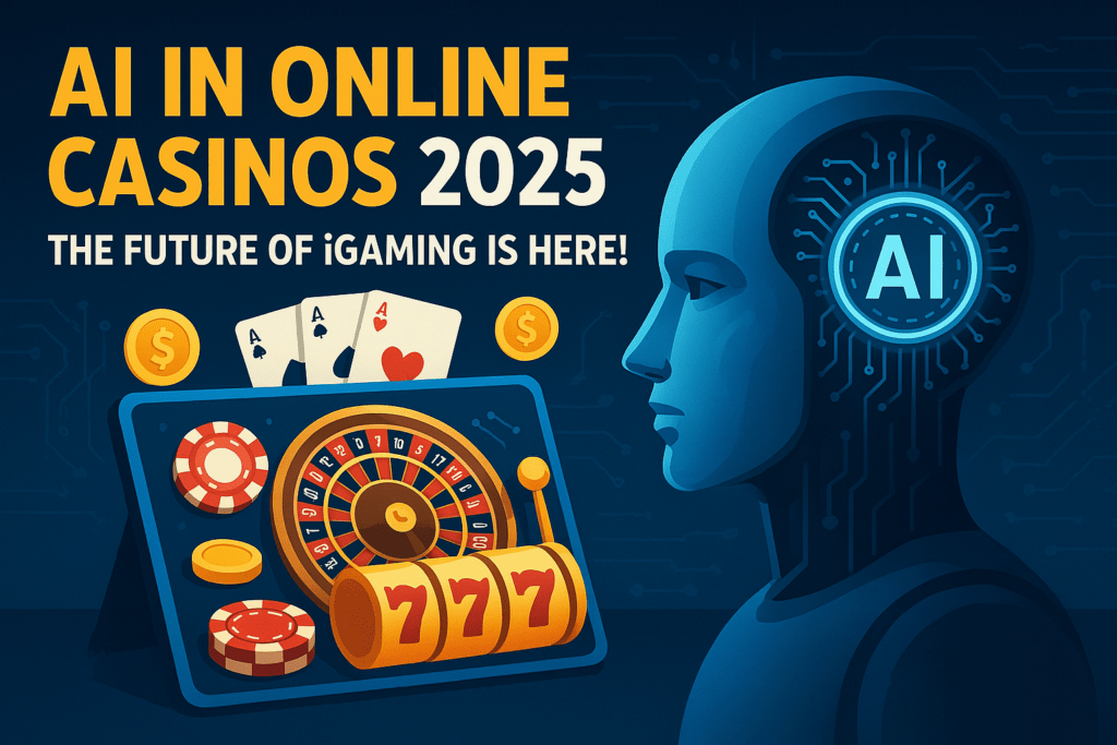 Futuristic illustration of a human-like AI robot analyzing casino games on a digital screen, surrounded by chips, cards, and coins.
