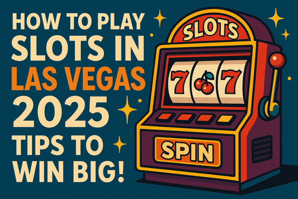 Illustration of a slot machine for how to play slots in Las Vegas 2025, featuring a "Spin" button and classic symbols like 7s and cherries.