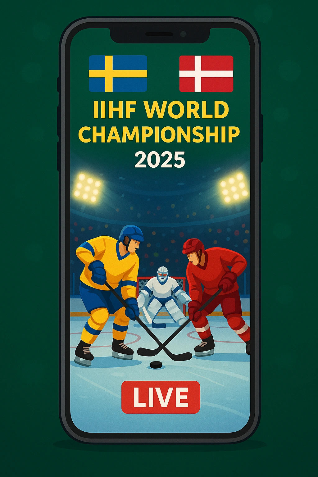 Vertical illustration of a phone screen streaming the IIHF World Championship 2025, with Swedish and Danish flags, players in action, and vibrant stadium lighting.