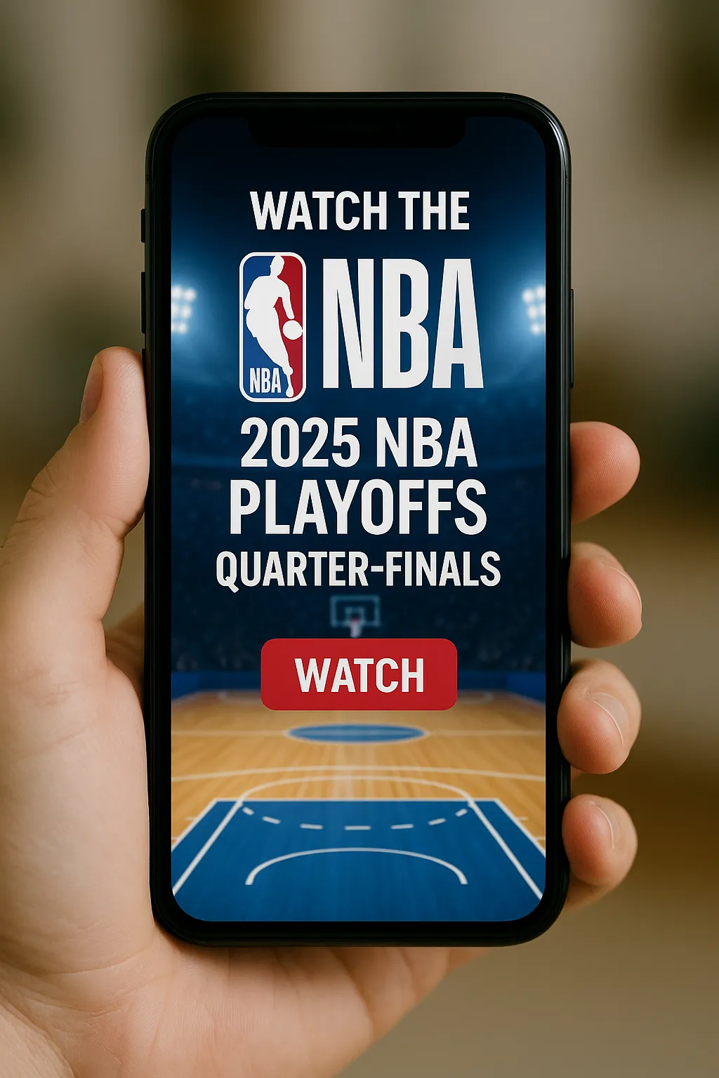 A close-up of a hand holding a smartphone displaying a promotion to watch the 2025 NBA Playoffs quarter-finals, featuring a basketball court background and a red “WATCH” button.