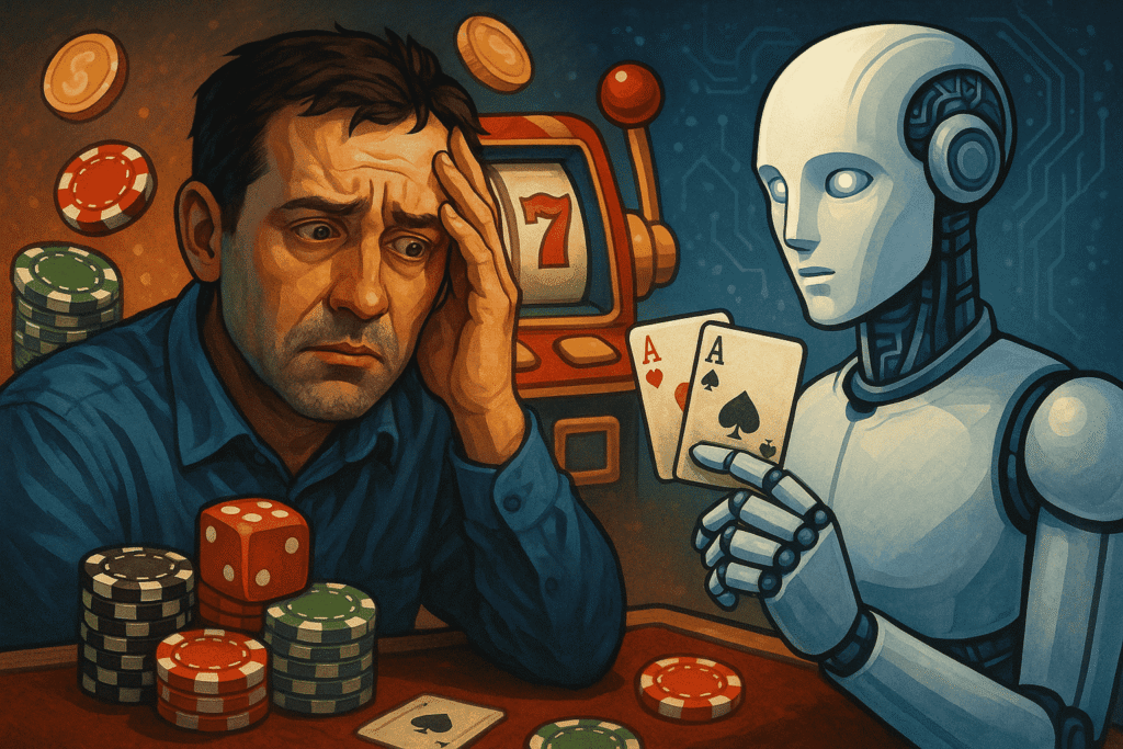 A man looks stressed at a casino table while a humanoid robot holding two aces faces him. Poker chips, dice, and a slot machine surround them.
